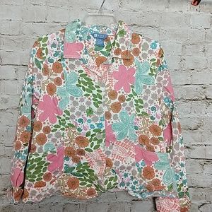 Koret Woman Denim Jacket Floral Pink Aqua Size 12 Petite